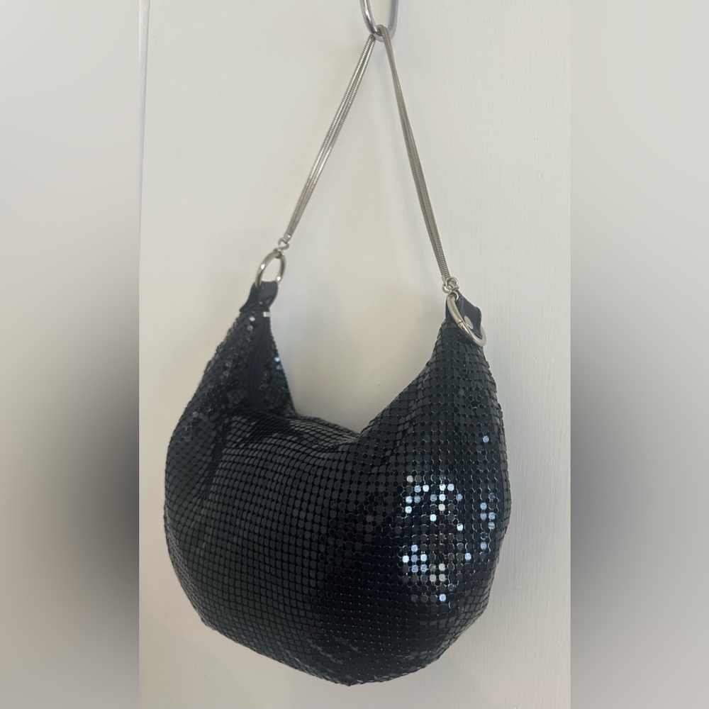 Vtg Y2K 90s Sequin Black Slouch Hobo Bag Purse Snake Metal Straps Bling Disco